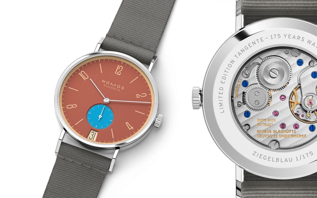 NOMOS Tangente 38 Datum Ziegelblau - Ansicht der Vorderseite und der Rückseite